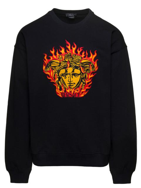 Versace Men Black Crewneck Sweatshirt With Medusa Print In Cotton Man
