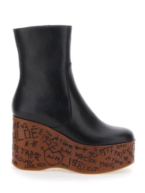 Chloé Chloé Women 'Maxime' Black Ankle Boots With Wood-Effect Platform With Engravings In Leather Woman