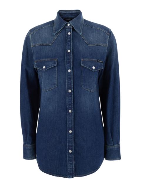 Dolce & Gabbana Dolce & Gabbana Women Blue Shirt With Classic Collar And Metallic Logo Patch On The Back In Denim Fo