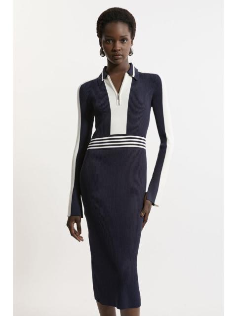 KAREN MILLEN Rib Knit Polo Zip Up Midi Dress