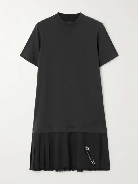 Layered frayed embellished cotton-jersey and wool-blend twill mini dress