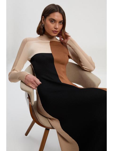 KAREN MILLEN Slinky Viscose Colour Block Full Skirted Knit Midi Dress