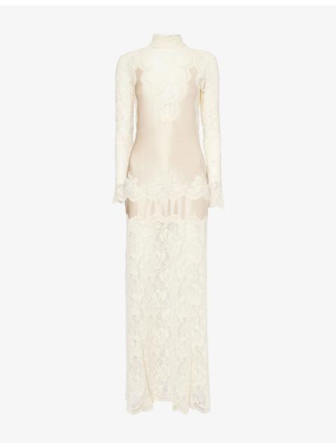 rabanne High-Neck Long-Sleeve Stretch-Lace Maxi Dress