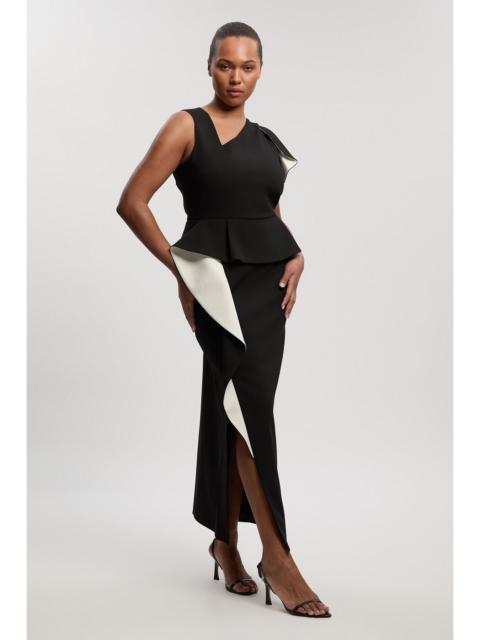 KAREN MILLEN Plus Size Compact Stretch Ruffle Peplum Belted Pencil Midi Dress