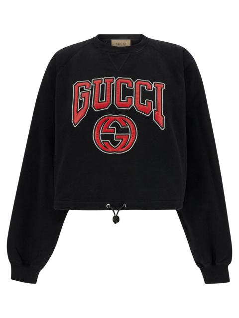 GUCCI Gucci Women Black Cropped Crewneck Sweatshirt With Logo Print In Cotton Woman