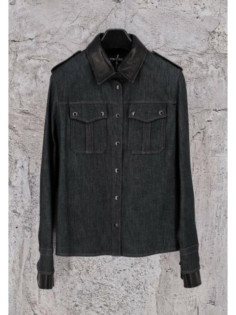 BNWT TOM FORD DENIM AND LAMBSKIN LEATHER MILITARY BLACK SHIRT 44IT ,2150$