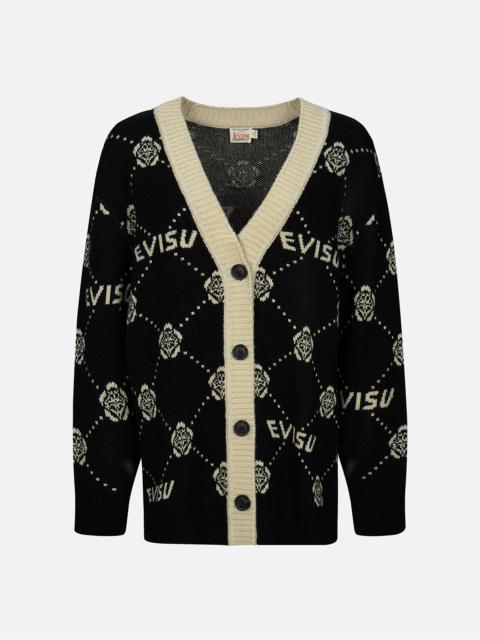 EVISU KAMON AND LOGO JACQUARD LOOSE FIT CARDIGAN
