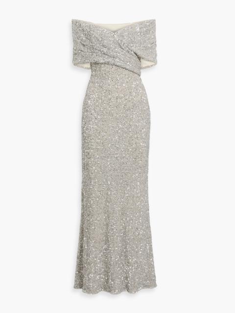Other Designers Off-the-shoulder draped sequined mesh gown