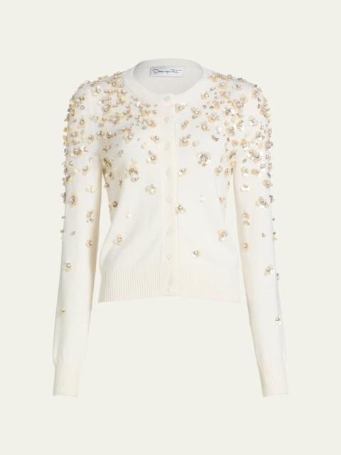 Oscar de la Renta Pearly Embroidered Wool Crewneck Cardigan