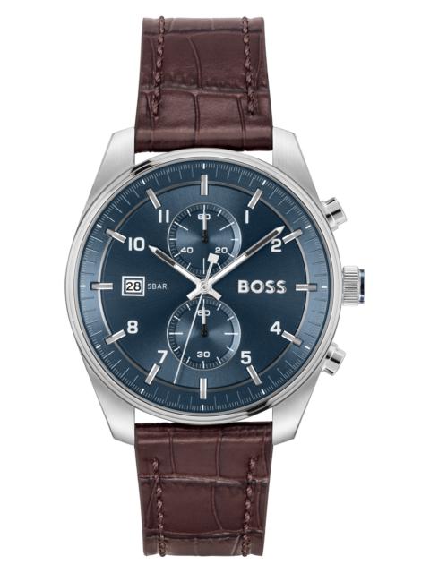 BOSS Skytraveller Chronograph Croc Embossed Leather Strap Watch, 44mm in Blue at Nordstrom