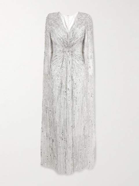 JENNY PACKHAM Symphony Cape-effect Gathered Embellished Tulle Gown