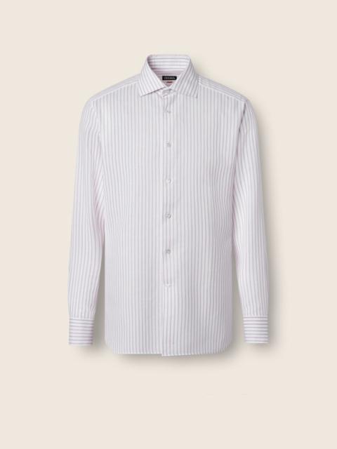 ZEGNA DARK PINK AND WHITE STRIPED COTTON LINEN AND SILK SHIRT
