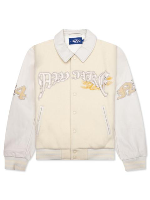 AWAKE NY DRAGON EMBROIDERED VARSITY JACKET - OFF WHITE