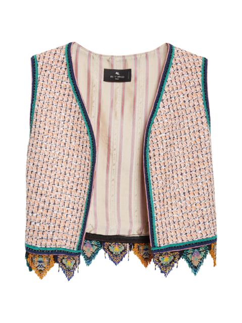 Etro Etro Bead Fringe Tweed Crop Vest in Multicolour Orange Base at Nordstrom