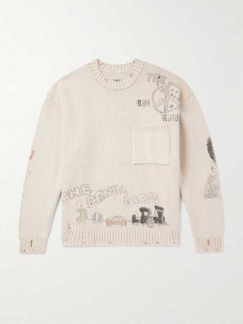 Kapital Distressed Printed Cotton Sweater Ecru