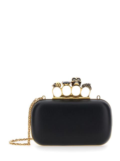 Alexander Mcqueen 'Four Ring' Black Clutch With Shoulder Strap And Skull-Shaped Studs In Leather Wom