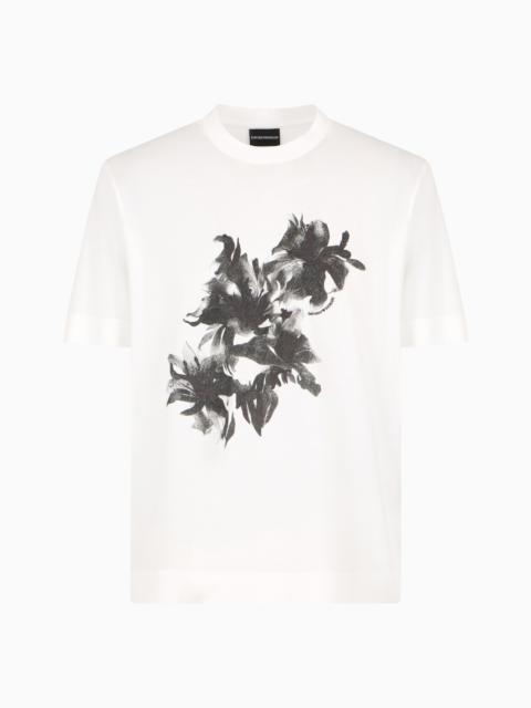 EMPORIO ARMANI ASV LYOCELL-BLEND JERSEY T-SHIRT WITH PRINT AND FLORAL EMBROIDERY