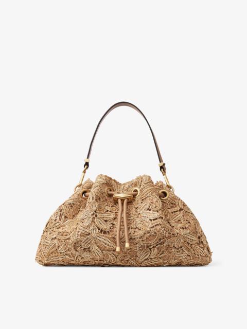 JIMMY CHOO Cinch Medium
Natural Flower Woven Raffia Bucket Bag