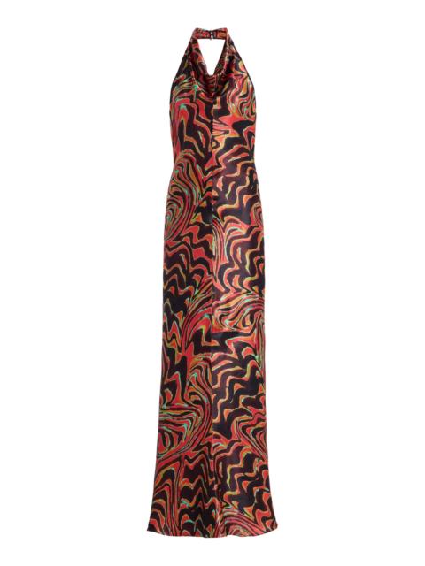CHRISTOPHER JOHN ROGERS Printed Satin Cowl-Neck Halter Gown red