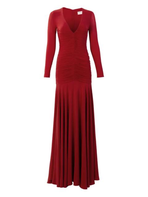 SILVIA TCHERASSI Lina Long-Sleeve V-neck Maxi Dress in Rouge