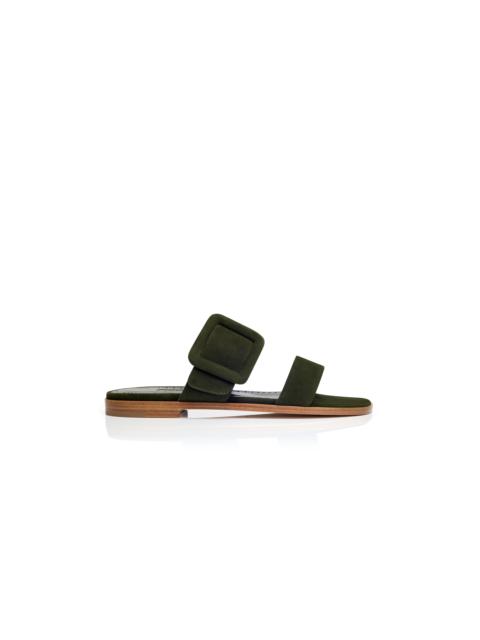 Manolo Blahnik Dark Green Suede Flat Sandals