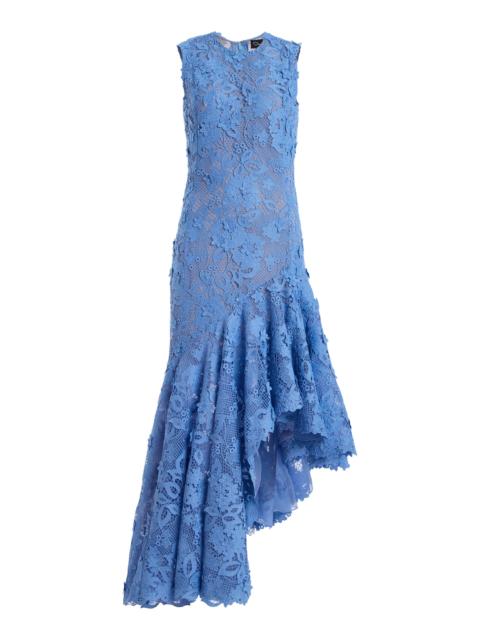 Oscar de la Renta Porcelain Flowers Asymmetric Guipure Midi Dress blue