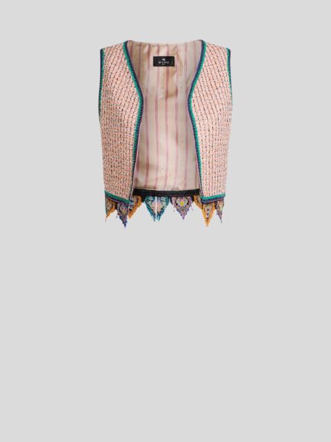 Etro CROPPED JACQUARD WAISTCOAT WITH TWEED EFFECT, FRINGING AND CHECK MOTIF