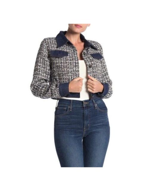 Other Designers Gracia Crop Jacket Tweed Denim Blue Silver Glitter Contrast Denim Sz M NWT