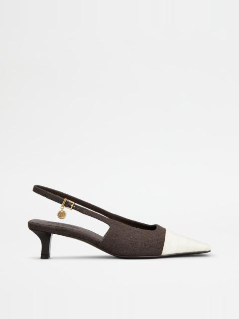 Tod's SLINGBACK PUMPS IN CANVAS AND LEATHER - BROWN, OFF WHITE