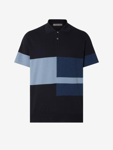 CORNELIANI Button-up Pima cotton polo shirt in blue shades