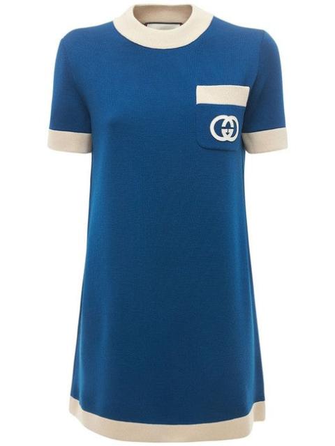 GUCCI Blue/Ivory Sleeved Whool Knit Mini Casual Dress