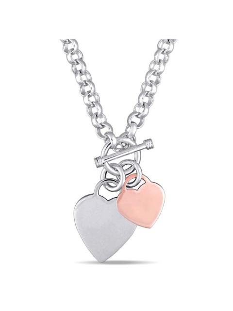 Other Designers AMOUR Oval Link Necklace with Double Heart Charm and Toggle Clasp In 2-Tone Rose and White Sterling 