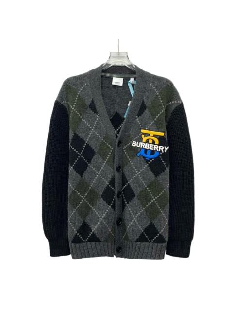 Burberry Burberry Logo Embroidered Wool V Single-Breasted Long Sleeve Knit Cardigan Gray