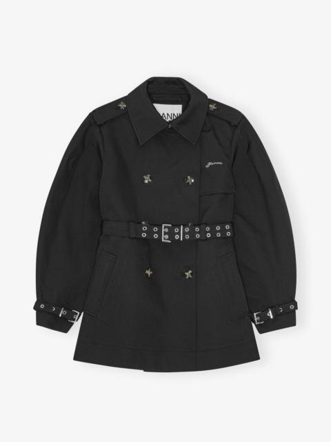 GANNI BLACK HEAVY TWILL MIDI TRENCH COAT
