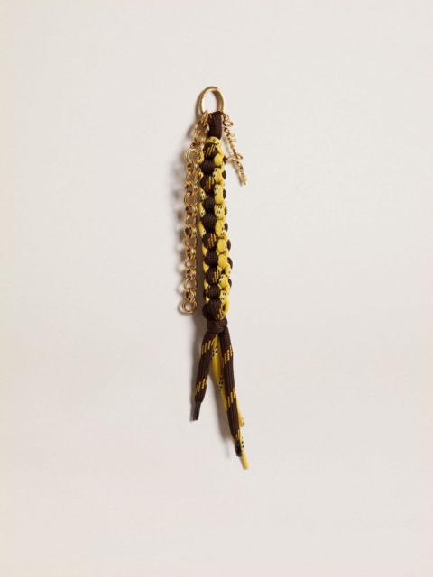 Golden Goose Charm with yellow and brown knotted hiking laces with chain