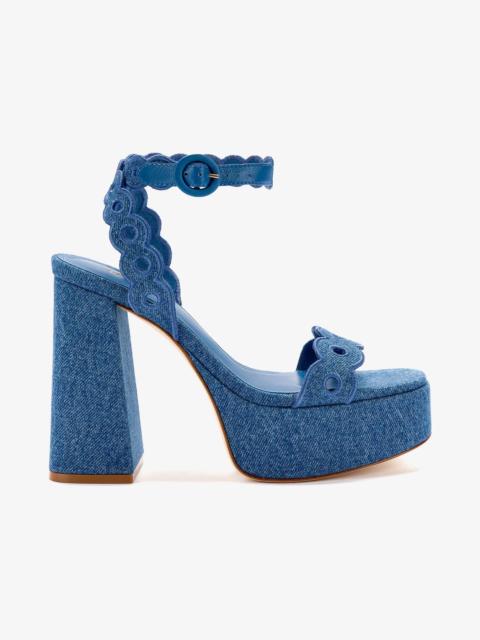 Larroudé Dolly Broderie Sandal In Blue Stoned Denim