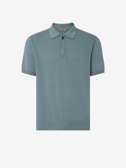 CORNELIANI Blue green zip-up Pima cotton polo shirt