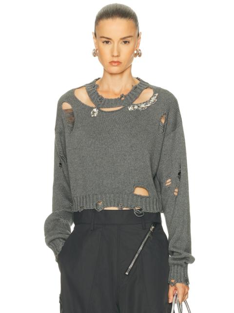 Distressed Crystal Crewneck Sweater