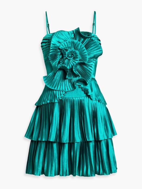 PatBO Dream floral-appliquéd pleated satin mini dress
