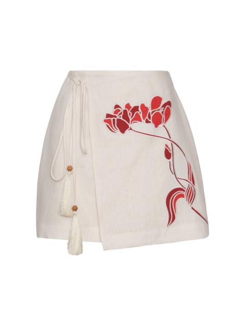 ANDRES OTALORA Del Amor Embroidered Linen Mini Wrap Skirt off-white