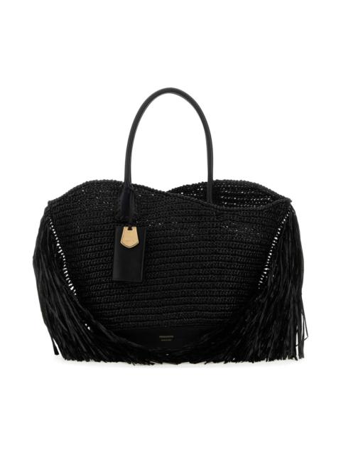 FERRAGAMO Black Raffia And Leather Big Shopping Bag