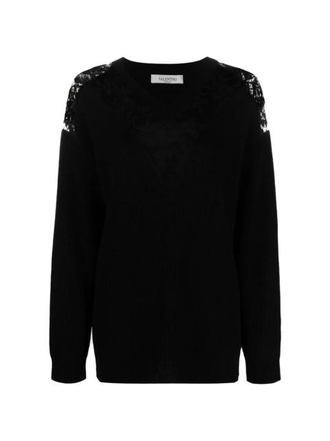 Valentino Valentino Garavani Lace-Embellished V-Neck Jumper
