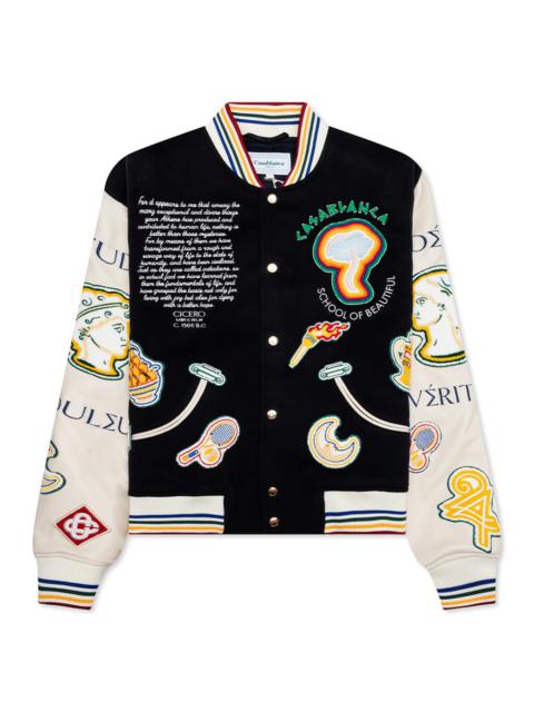 CASABLANCA CHENILLE EMBROIDERED PATCHWORK BOMBER JACKET - NAVY/OFF-WHITE