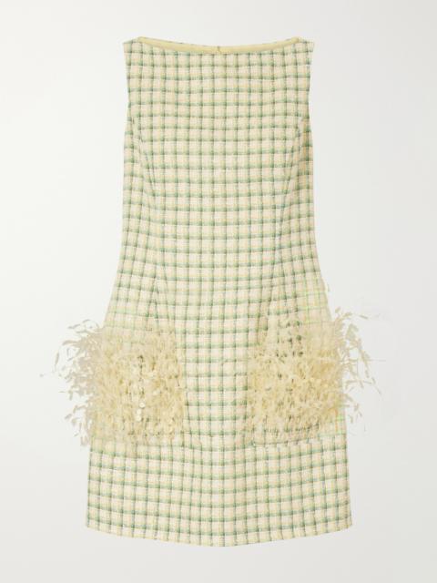 Oscar de la Renta Sequin-embellished Feather-trimmed Checked Cotton-blend Tweed Mini Dress