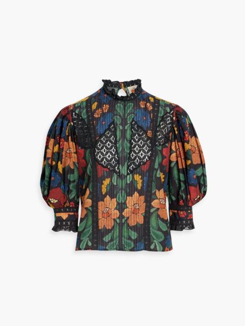 FARM RIO Crochet-trimmed pintucked floral-print cotton-voile blouse