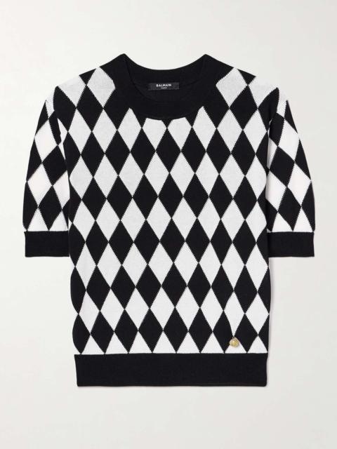 Balmain Embellished argyle inarsia-knit top