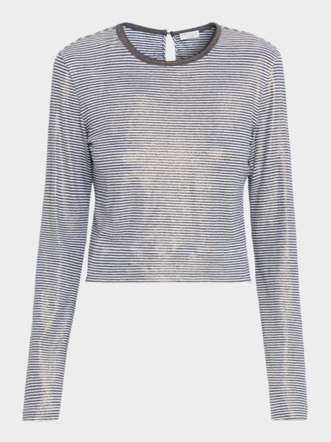 Brunello Cucinelli Glossy Summer Striped Long-Sleeve Crop T-Shirt