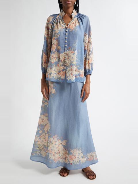 Zimmermann Zimmermann Cascadian Bias Cut Linen Maxi Skirt in Blue Botanical Floral at Nordstrom