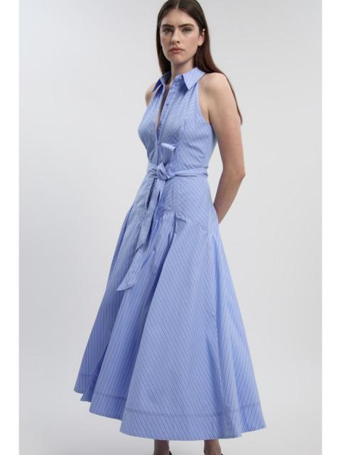 KAREN MILLEN Cotton Collared Stripe Halter Neck Woven Midi Shirt Dress With Dropped Waist Detail