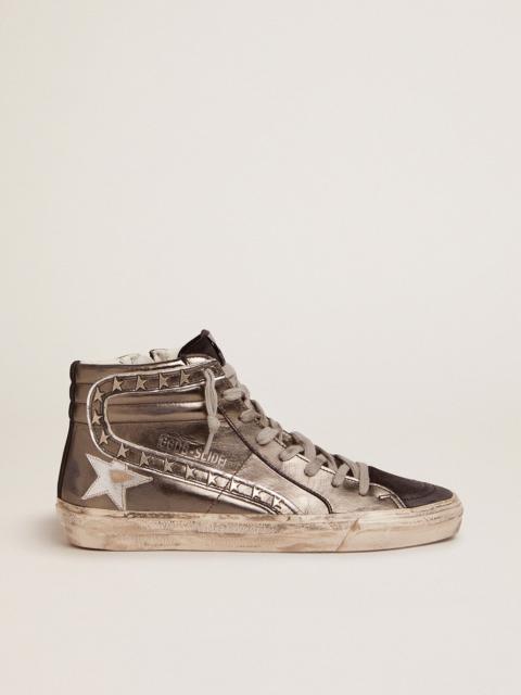 Golden Goose Slide sneakers with silver laminated leather upper and star-shaped studs